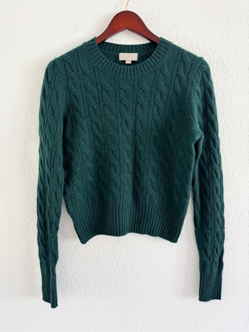 J. Crew Dark Green Cable Knit Crewneck Sweater